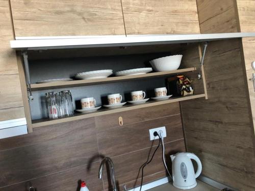 a kitchen counter with plates and bowls on a shelf at Kopaonik Milmari apartman L33 in Kopaonik