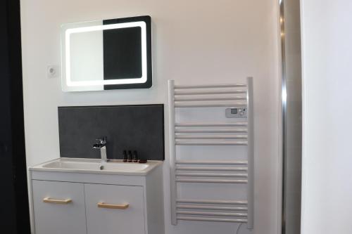 La salle de bains est pourvue d'un lavabo et d'un miroir. dans l'établissement Bulle de Spa, à Lyon