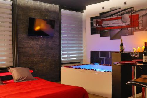 Schlafzimmer mit einem Whirlpool und einem roten Bett in der Unterkunft Bulle de Spa in Lyon