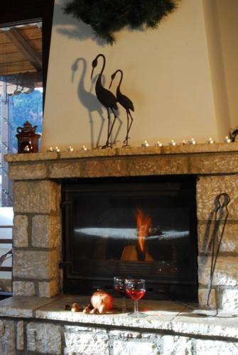 a fireplace with two birds on top of it at Guesthouse Petrino in Pezoúla