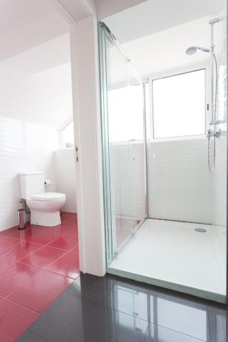 a bathroom with a glass shower and a toilet at 35th Atlantic View in Lajes do Pico