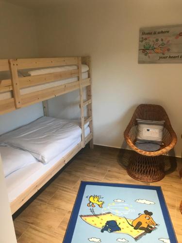 a bedroom with a bunk bed and a rug on the floor at Ferienwohnungen Möwe in Lembruch