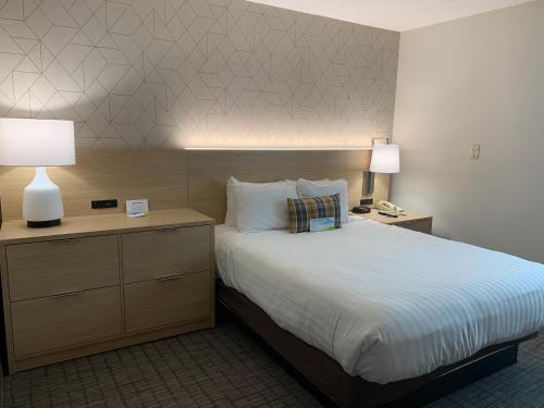 a hotel room with a bed and a nightstand with two lamps at Days Inn & Suites by Wyndham Duluth by the Mall in Duluth
