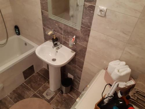 a bathroom with a sink and a toilet and a tub at Apartman DIJANA in Banja Luka