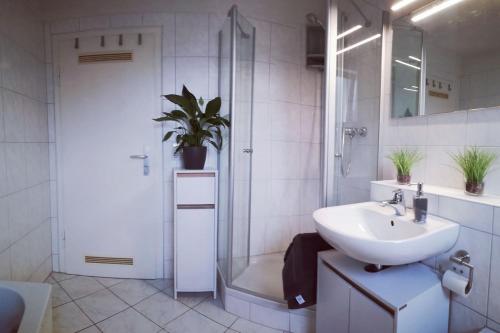 ein Badezimmer mit einem Waschbecken und einer Dusche mit einer Pflanze in der Unterkunft Albnest - Wohlfühlen in der nähe der Alb in Karlsruhe