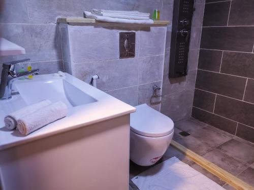 瓦迪拉姆的住宿－Zeina Desert Lodge，浴室配有白色水槽和卫生间。
