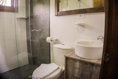 a bathroom with a toilet and a sink and a shower at Hotel Campestre El Portón de Los Jeroglíficos in Ramiriquí