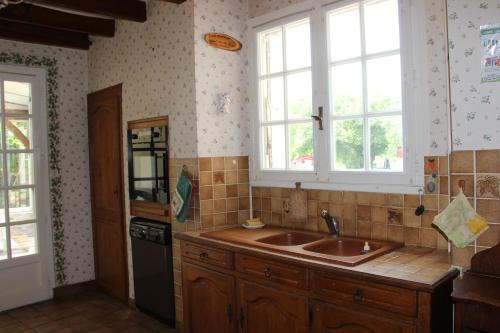 a kitchen with a sink and two windows at La Jarisse in Saint-Martin-de-Fressengeas