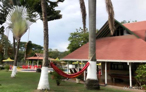 a resort with a hammock between two palm trees at Finca Hotel Pinares in La Pintada