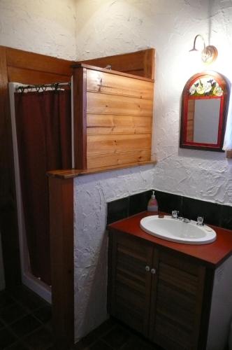 a bathroom with a sink and a shower at Snowy Mountain Holidays in Towong