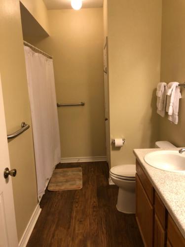 a bathroom with a toilet and a sink at The Reside Fully Furnished Condos - Medical Stays Welcome in Houston