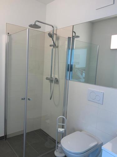 a bathroom with a glass shower with a toilet at Designhotel Im Südfeld in Kamen