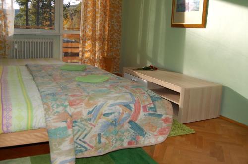1 dormitorio con cama, escritorio y ventana en Apartman Solisko, en Vyšné Hágy