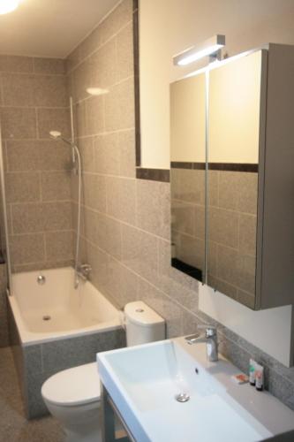 リエージュにあるAmosa Liège City Centre Apart Gerardrie 17のバスルーム(洗面台、トイレ、バスタブ付)