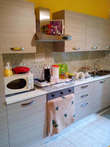 a kitchen with a sink and a microwave at B&B Vista Fiume in Bosa