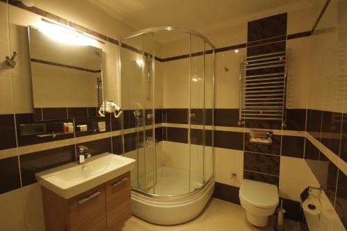 艾德亚耶拉西艾德尔客房酒店的带淋浴、卫生间和盥洗盆的浴室