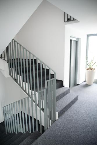 a staircase in a white room with a potted plant at Hotel Schützenhaus in Uznach