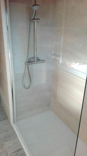 a shower with a glass door in a bathroom at Casalacapillajelgueres in Cangas de Onís
