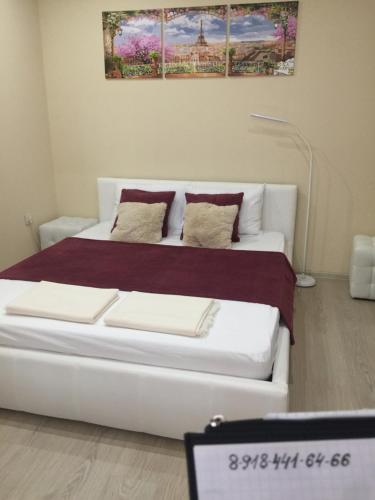 クラスノダールにあるApartment on Zapolyarnayaのベッドルーム1室(白と赤の枕が付いた白いベッド1台付)