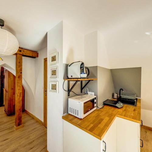 a microwave sitting on a counter in a kitchen at Leśne Apartamenty in Zieleniec