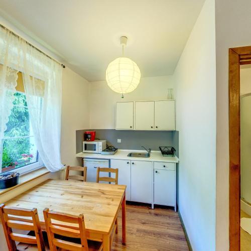 a kitchen with a wooden table and chairs in a room at Leśne Apartamenty in Zieleniec