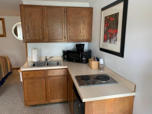 a kitchen with a stove top oven and a sink at M22 Inn Empire in Empire