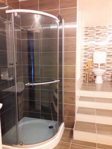 a shower with a blue tub in a bathroom at Kristály Vendégház in Bogács