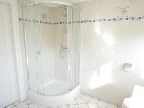 a shower with a glass door in a bathroom at Buitenplaats Villa Deluxe in Callantsoog
