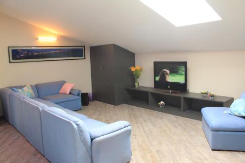 sala de estar con 2 sofás azules y TV en Giulimà B&B en Rocchetta SantʼAntonio