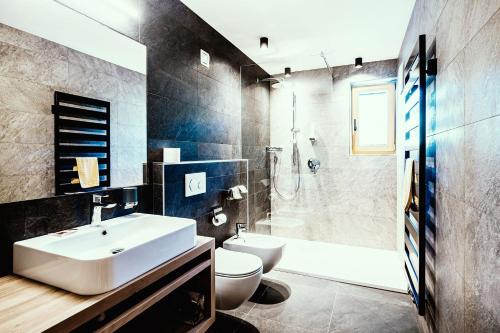 La salle de bains est pourvue d'un lavabo, de toilettes et d'une douche. dans l'établissement Hotel Mirabel, à San Vigilio Di Marebbe