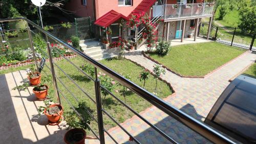 a view of a garden with potted plants on a balcony at Pensiunea Luminita in Mustăţeşti