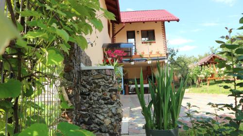 a house with a stone wall and a balcony at Pensiunea Luminita in Mustăţeşti