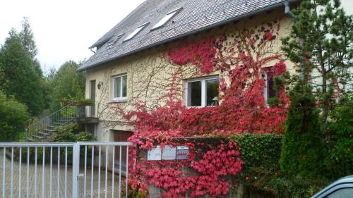 une maison avec du lierre rouge sur son côté dans l'établissement Bois Joli de la Freyère, à Hindisheim