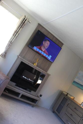 a flat screen tv on the wall of a living room at Moonlight Ridge -2 bedroom lodge with hot tub in Felton