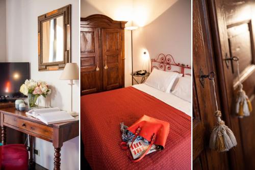 two pictures of a bedroom with a bed and a desk at Hotel Palio in Asti