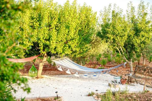 a hammock in the middle of a garden with trees at B&B Mandorla Amara in Gioia del Colle