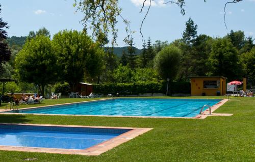 a swimming pool in a yard with grass and trees at Mas Serrat de la Teia in Sant Joan de les Abadesses