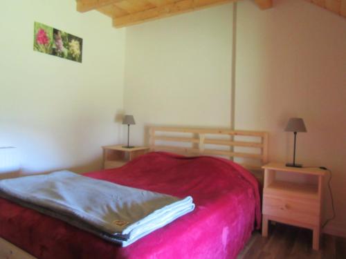 a bedroom with a red bed and two night stands at Gîte Potimarron in Ancelle