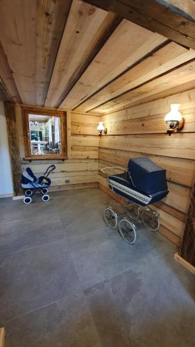 a sauna with a baby carriage and a stroller at Magic House Under Arber in Bayerisch Eisenstein