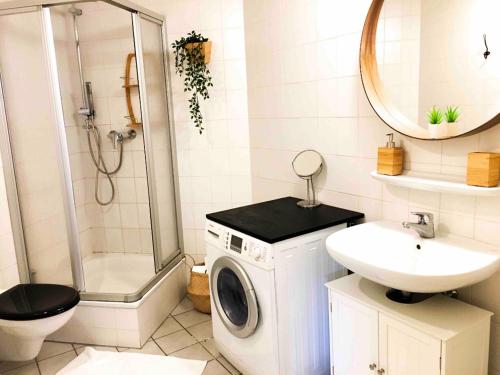a bathroom with a washing machine and a sink at Maisonette am Markt - Schlossblick - WLAN+Netflix in Wernigerode