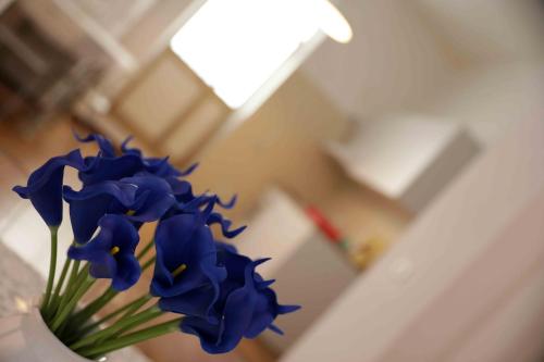 a vase filled with blue flowers in a room at casa Ada in SantʼAntìoco