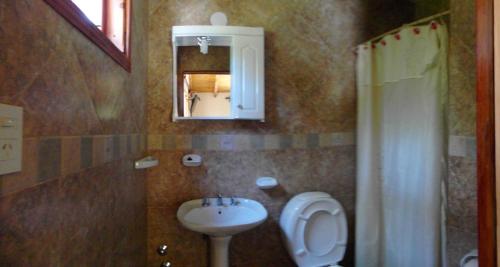 a bathroom with a sink and a toilet and a mirror at La Cabaña de Juan in Villa Traful