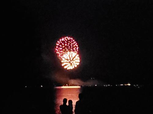 a firework display in the sky with people watching at Lake View Motel in Cooperstown