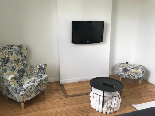 ein Wohnzimmer mit einem Stuhl und einem TV in der Unterkunft bord de seine in Bar-sur-Seine