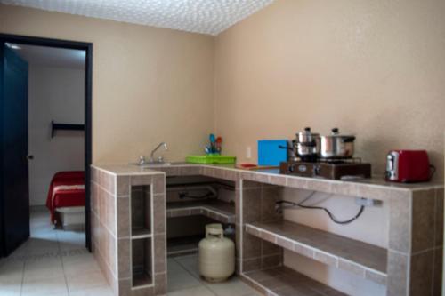 a kitchen with a counter and a sink at Isabel Suites in Zihuatanejo
