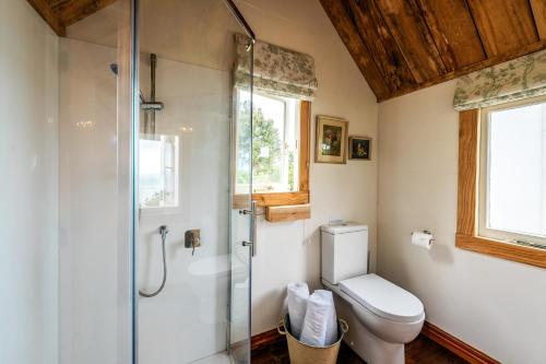 a bathroom with a toilet and a glass shower at The Settlers Hut in Oneroa