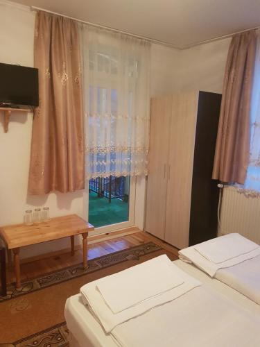 a room with two beds and a table and a window at Yana Guest House in Dobrinishte