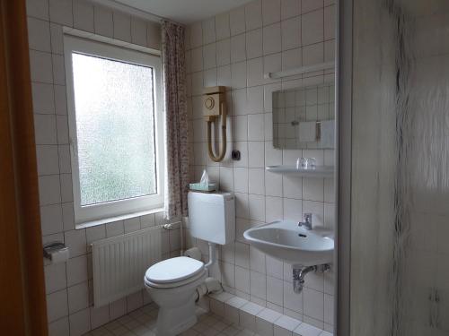 łazienka z toaletą, umywalką i oknem w obiekcie Wolfs Hotel w mieście Clausthal-Zellerfeld