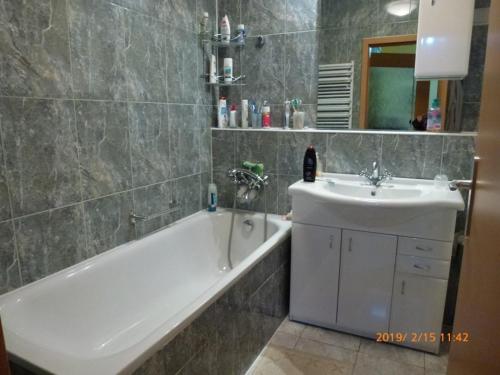 ein Badezimmer mit einem Waschbecken, einer Badewanne und einem Waschbecken in der Unterkunft Rehab Apartment VIP in Hévíz