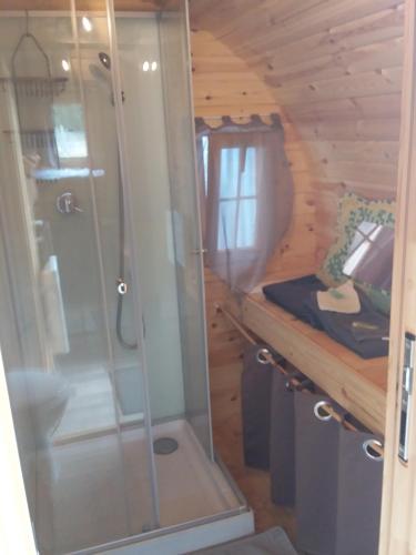 a glass shower in a log cabin at Ma KaBane in Couvains